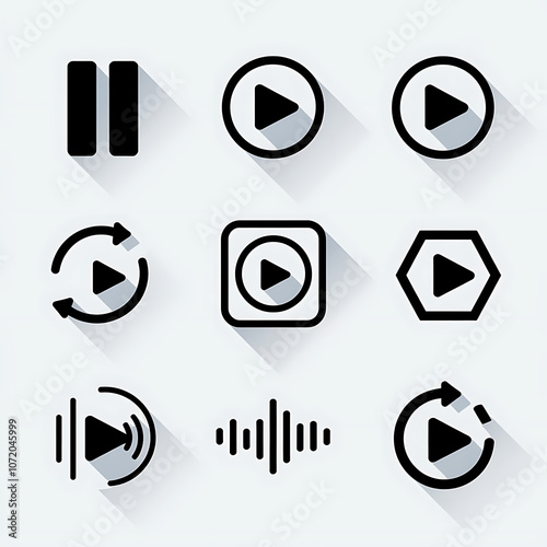 Set of Play Button Icons in Black and White
