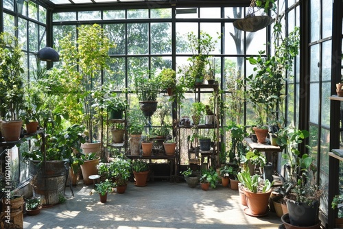 Charming Greenhouse Garden with Rustic Pots and Soft Natural Lighting