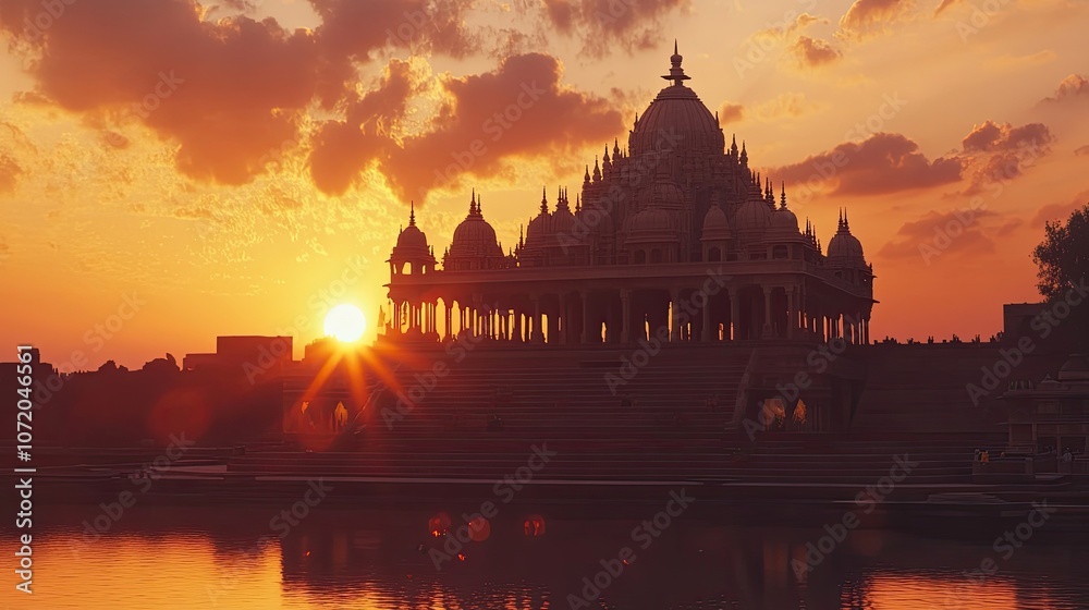 Obraz premium A majestic temple silhouette against a fiery sunset, reflecting in still water.
