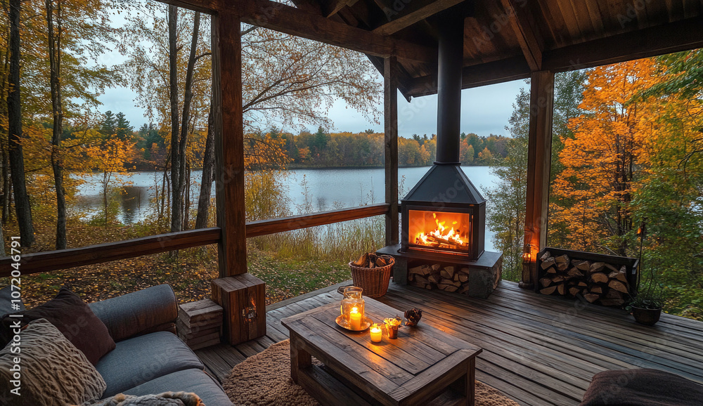 A cozy cabin veranda with an open fireplace and a comfortable sofa overlooks the lake in the fall, surrounded by warm shades of orange and yellow leaves. A cozy cabin veranda with an open fireplace and a comfortable sofa overlooks the lake in the fall, surrounded by warm shades of orange and yellow leaves.
