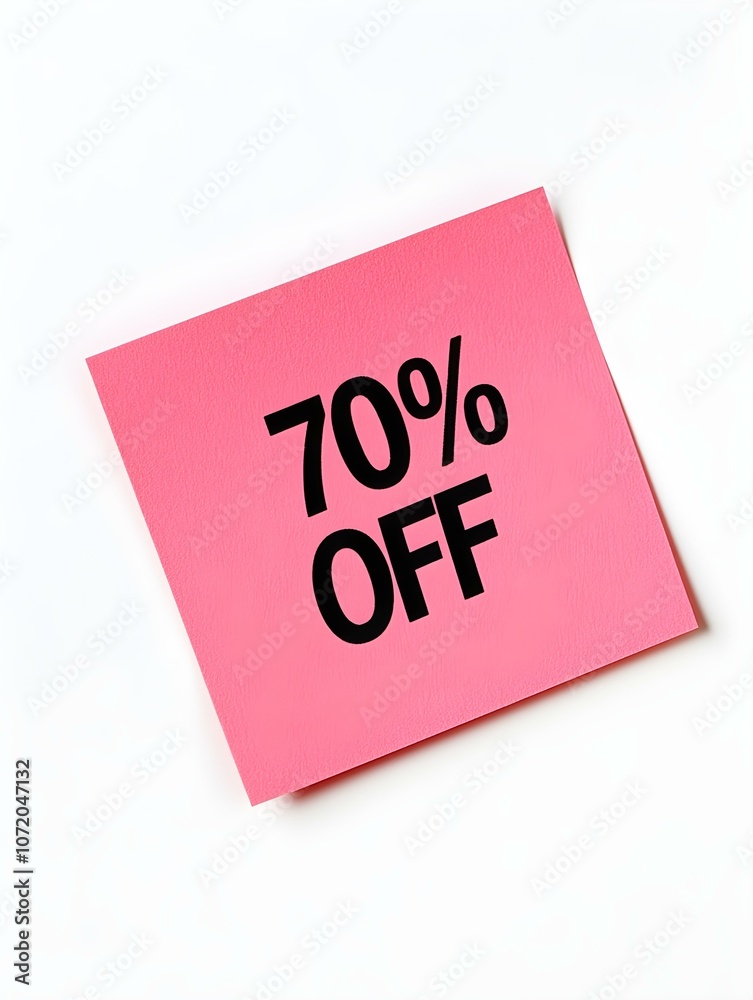 Black '70% OFF' Text on a Light Red Square Paper Note. White Background Black '70% OFF' Text on a Light Red Square Paper Note. White Background