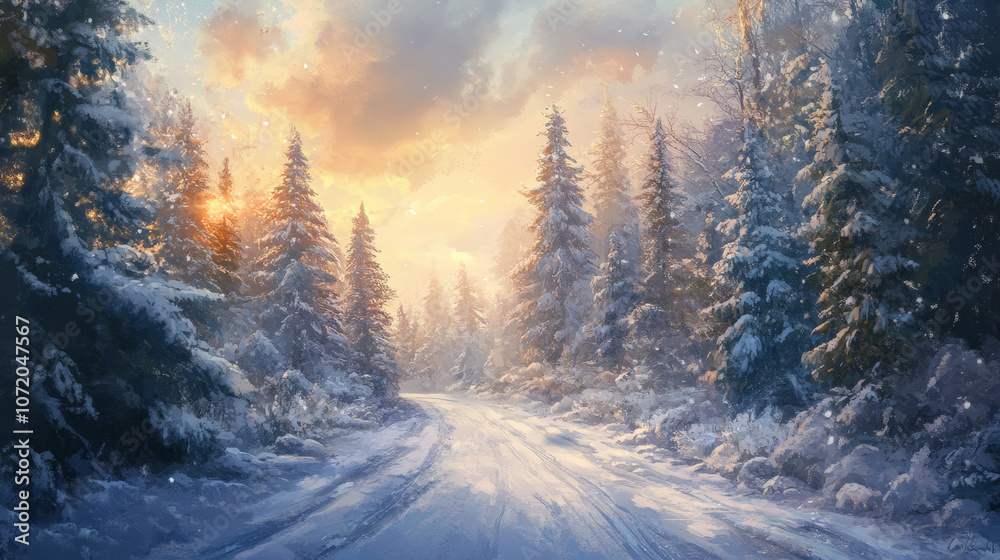 custom made wallpaper toronto digital"Snow-covered road winding through a winter forest."