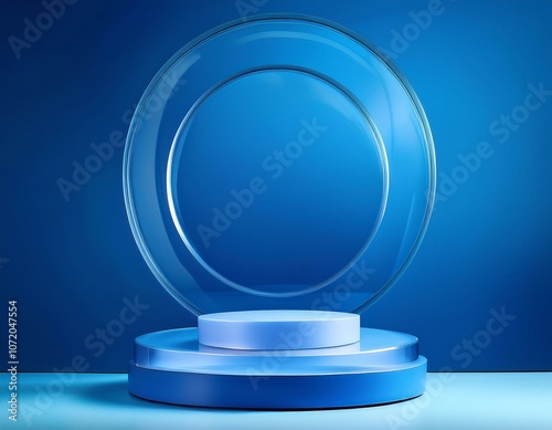 Modern 3D blue podium with circular glass backdrop, ideal for product display and marketing visuals in a minimalist, soft blue setting.