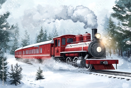 Watercolor picture of a steam engine on the snowy railroad with picturesque winter background 