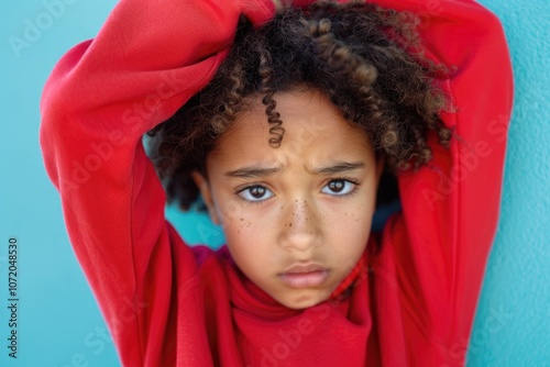 A young girl with curly hair wearing a red shirt, likely a casual or playful moment