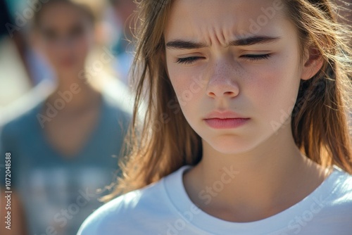 A young girl looks upset and sad, possibly feeling emotional or distraught photo