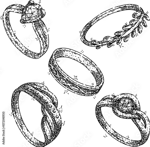 ring jewelry set hand drawn. platinum gemstone, engagement wedding, eternity solitaire ring jewelry vector sketch. isolated black illustration