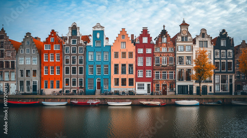 vibrant row of colorful townhouses showcases diverse architectural styles, with unique roof shapes and intricate details, symbolizing individuality, unity, and the charm of urban diversity