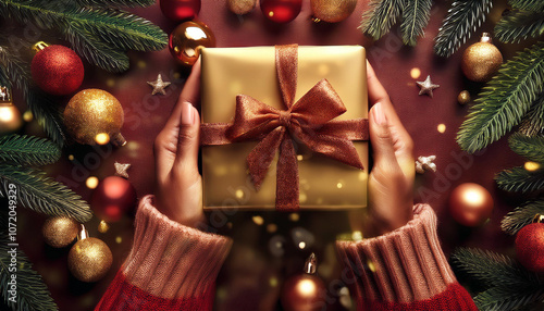 Modern Christmas gift presented in hands with decorations photo