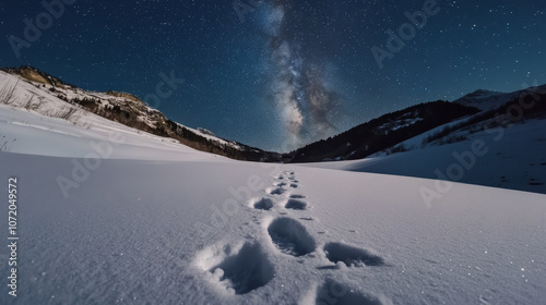 "Footprints in the fresh snow of a Carpathian mountain valley, under the Milky Way in the night sky."