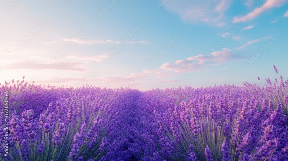Obraz premium A breathtaking view of a lavender field bathed in the warm glow of sunrise.