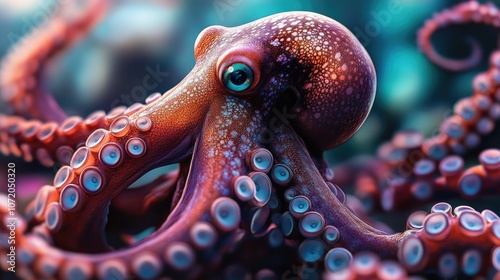 Octopus face with blue eyes, close-up view