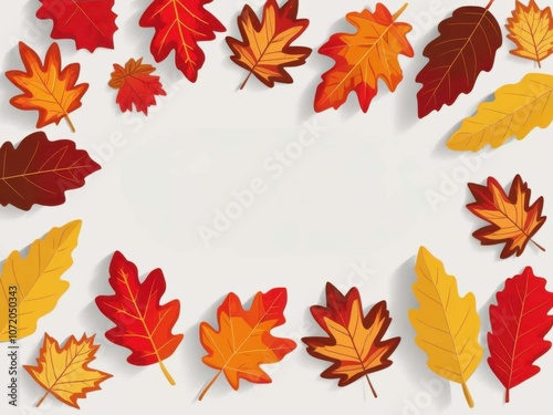 A vibrant arrangement of autumn leaves in various colors, framed around a blank space, showcasing the beauty of fall foliage.
