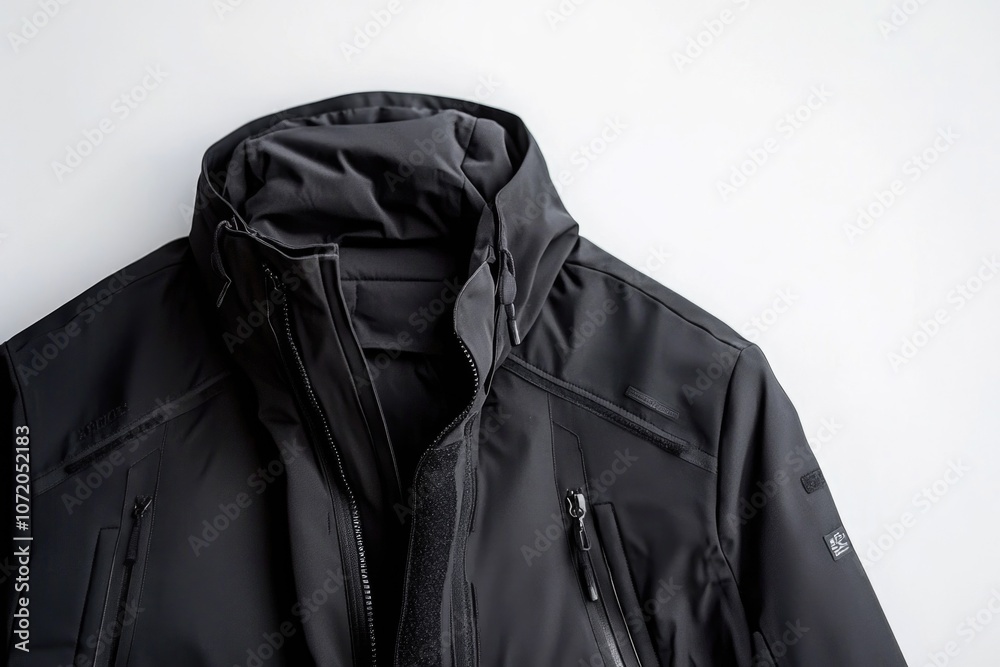 A black jacket hangs on a white wall, perfect for decorating or using in a minimalist design A black jacket hangs on a white wall, perfect for decorating or using in a minimalist design