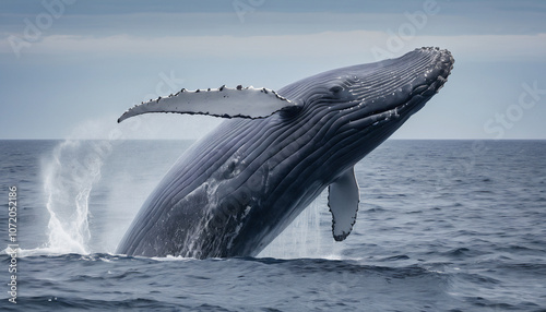 A blue whale jumping out from the sea. Suitable for marketing or business purposes. Panoramic banner with place for text photo