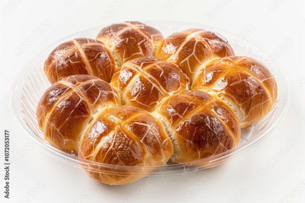 Freshly baked hot cross buns on a table, perfect for Easter or spring-themed photoshoots Freshly baked hot cross buns on a table, perfect for Easter or spring-themed photoshoots
