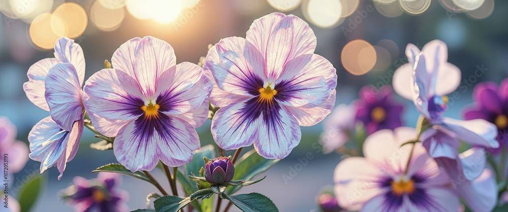 Two purple flowers with yellow centers are in a vase. The flowers are surrounded by green leaves. The image has a serene and calming mood, as the flowers are in a vase and not in a garden Two purple flowers with yellow centers are in a vase. The flowers are surrounded by green leaves. The image has a serene and calming mood, as the flowers are in a vase and not in a garden