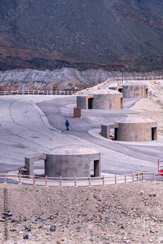 Bunkers near crater of aso volcano