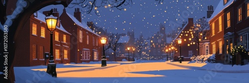 A quiet snow-covered street lined with brick houses, lit by lampposts and twinkling Christmas lights.