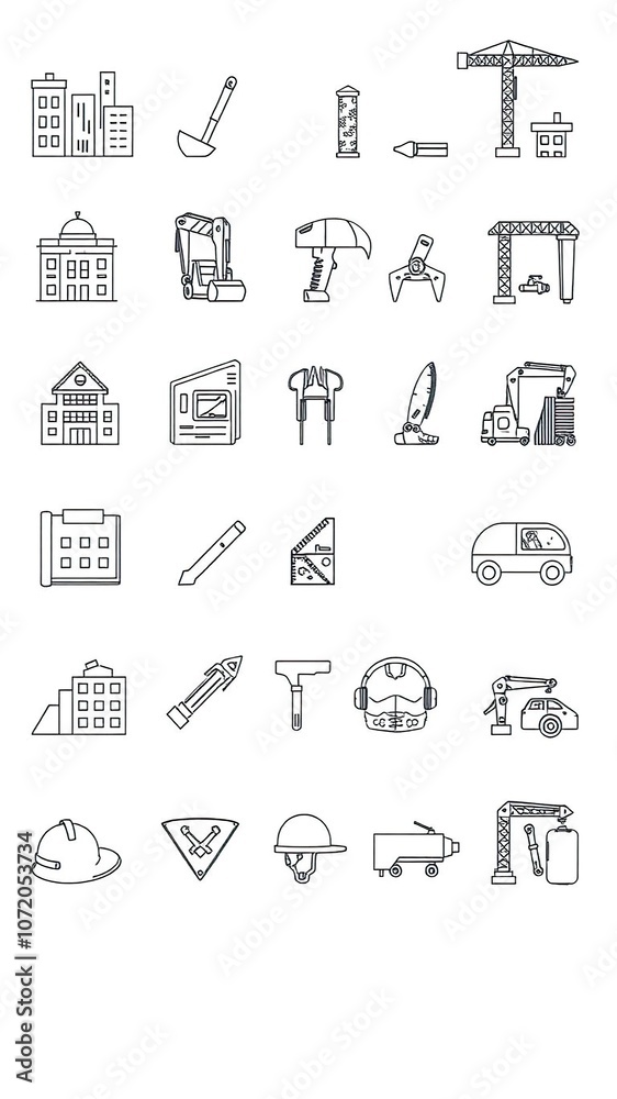 A collection of construction thin line icons representing tools, buildings, machinery, and safety gear, construction, crane