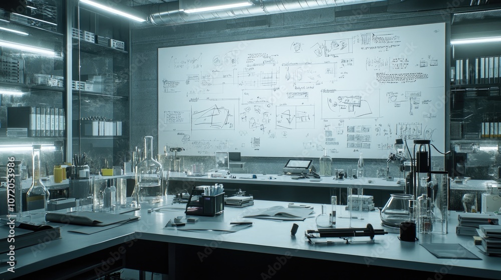 Naklejka premium A laboratory with a large whiteboard covered in scientific diagrams and formulas.