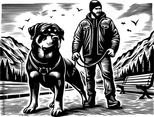 Rottweiler and Owner Enjoying a Scenic Walk. Linocut Illustration of a Rottweiler and His Human. Man Walking His Rottweiler Dog