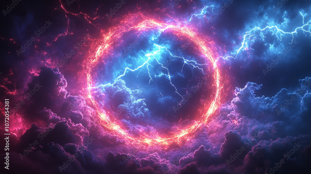 Obraz premium captivating abstract background featuring a neon-lit circle glowing vibrantly against a dark backdrop. The vivid colors and luminescent design evoke futuristic themes and symbolize infinity and innova