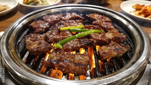 Korean meat grilled over hot coals. Pork from traditional Korean barbecue sizzles on the grill. served fresh at restaurants in Japan