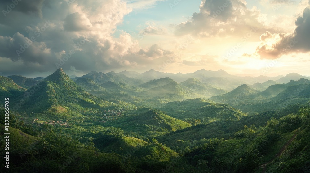 Fototapeta premium A stunning view of a mountain range, with fluffy clouds in the sky and a small village nestled in the valley. The mountains are lush green and the air is clear and fresh.