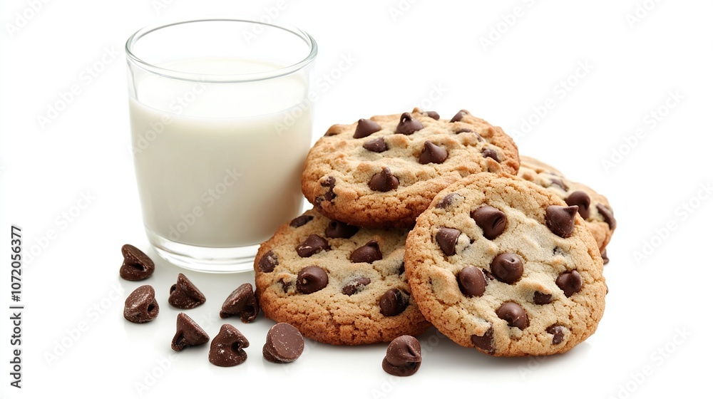 chocolate chip cookies and glass of milk on white background chocolate chip cookies and glass of milk on white background