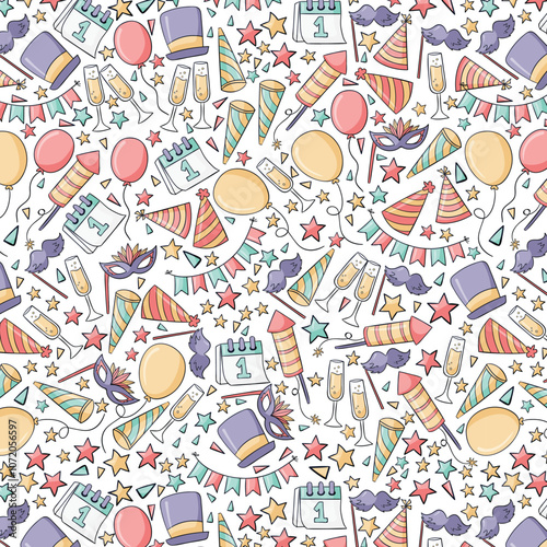 Lovely hand drawn party seamless pattern, great for New Year's Eve, banner, textiles, banner, wallpaper, wrapping - vector design