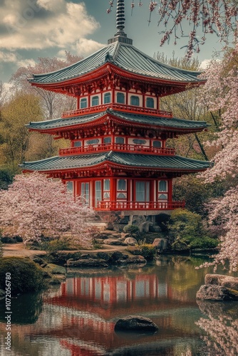 A serene scene featuring a pagoda in the middle of a pond, flanked by trees