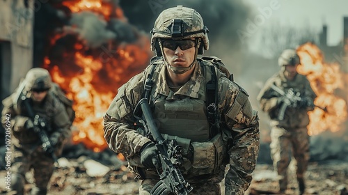 Soldiers in full gear advance through a devastated landscape amidst flames and chaos