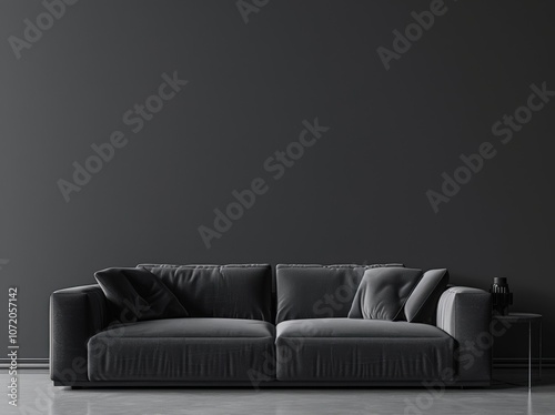 A gray sofa with pillows sits in front of a dark gray wall A small wooden side table with a vase of dried branches sits to the right of the sofa Sunlight streams in from the window