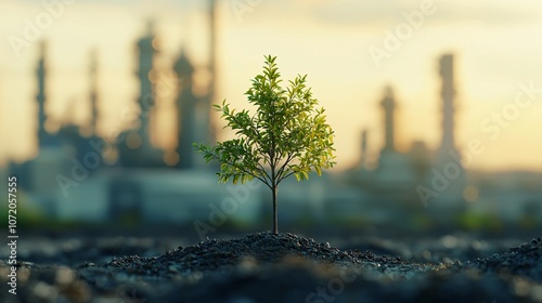 A small tree grows resiliently in an industrial landscape, symbolizing hope and regeneration amidst pollution and machinery, showcasing nature's persistence.