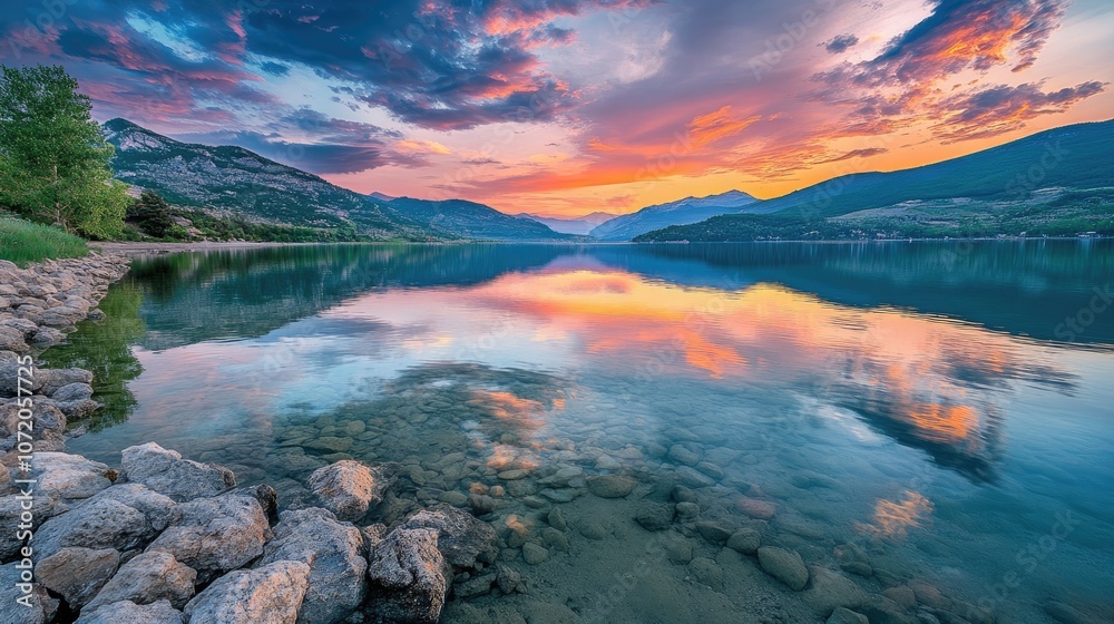 Naklejka premium A picturesque mountain lake reflects the vibrant colors of the sunset sky.