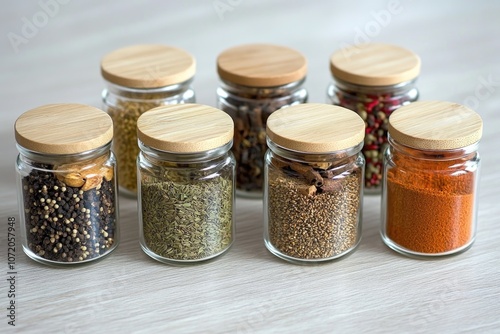 Assortment of spice jars with various fillings photo