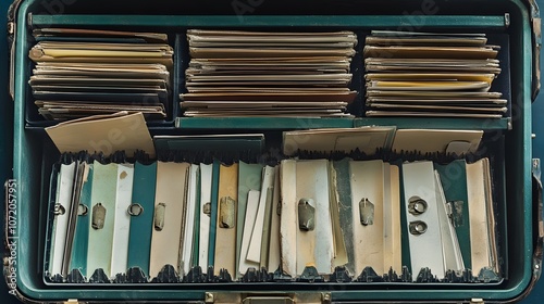 79. Overhead view of a set of files, neatly organized in a tool case