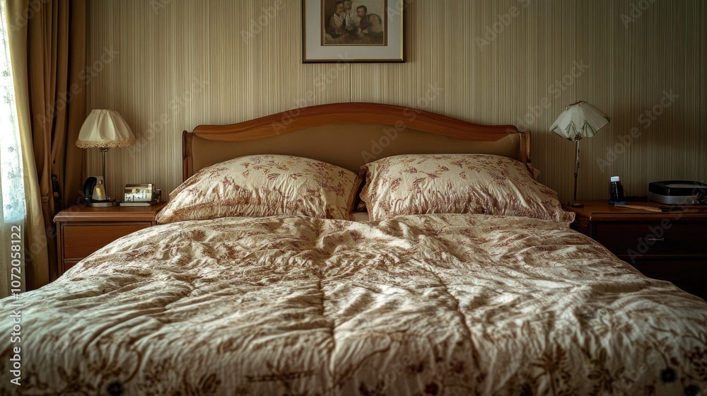 Bedroom scene with a single bed, two pillows, and a photo on the wall Bedroom scene with a single bed, two pillows, and a photo on the wall