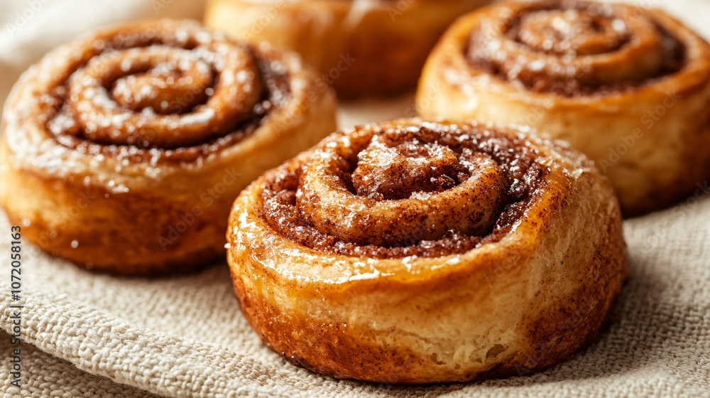Freshly baked cinnamon rolls resting on a linen cloth Freshly baked cinnamon rolls resting on a linen cloth