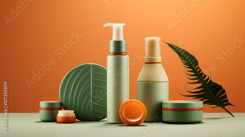 Natural Skin Care Products on Terracotta Background | Light Green and Orange Aesthetic | Organic Beauty Stock Image.