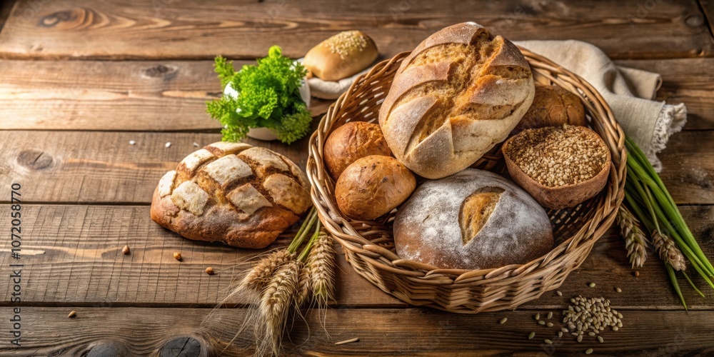 Rustic Farmhouse Table Setting Featuring Freshly Baked Breads in a Woven Basket, Surrounded by Wheat Sprouts and Loose Grain Rustic Farmhouse Table Setting Featuring Freshly Baked Breads in a Woven Basket, Surrounded by Wheat Sprouts and Loose Grain