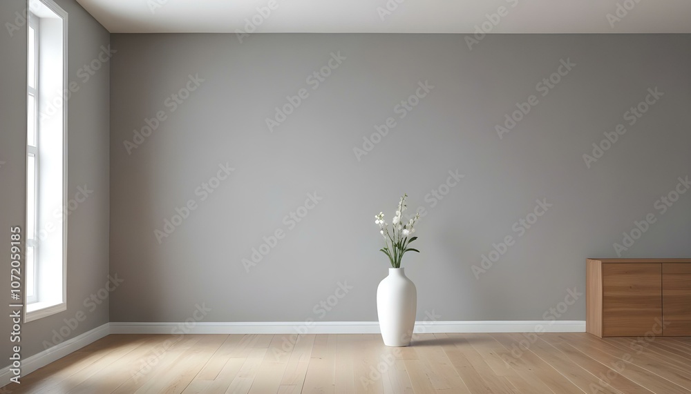 A minimalist room with a light gray wall and a wooden floor. There is a white vase on the floor.