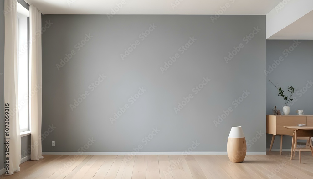 A minimalist room with a light gray wall and a wooden floor. There is a white vase on the floor. A minimalist room with a light gray wall and a wooden floor. There is a white vase on the floor.