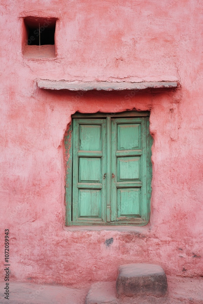 A pink building with a green door and window A pink building with a green door and window