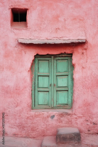 A pink building with a green door and window