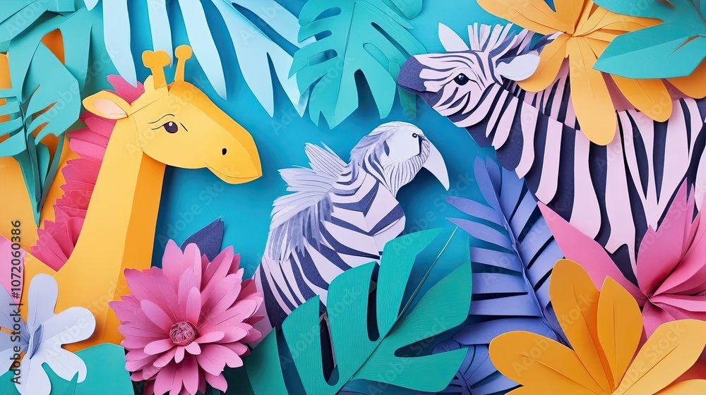 Obraz premium A colorful paper craft featuring a giraffe, zebra, and tropical leaves.