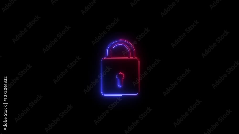 Bright neon blue and red color black background lock animation icon. Security privacy padlock.4k animation video.