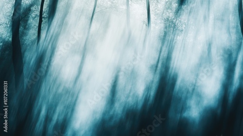 A blurred image of a dense forest with multiple trees photo