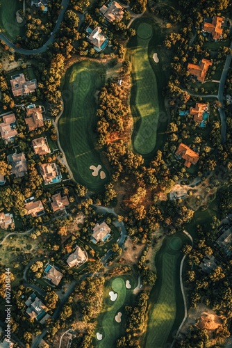 Aerial view of a well-maintained golf course with greens, fairways, and sand traps photo